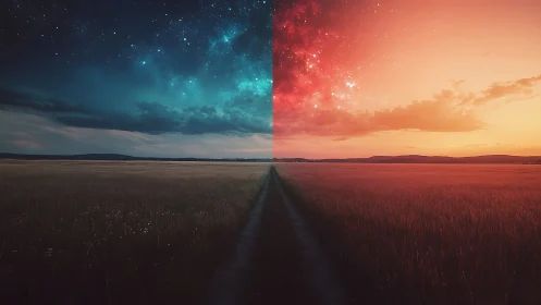 Split landscape shows night sky and sunset over open field