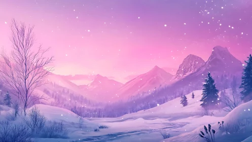 Snowy violet mountains glow under a serene winter sunset