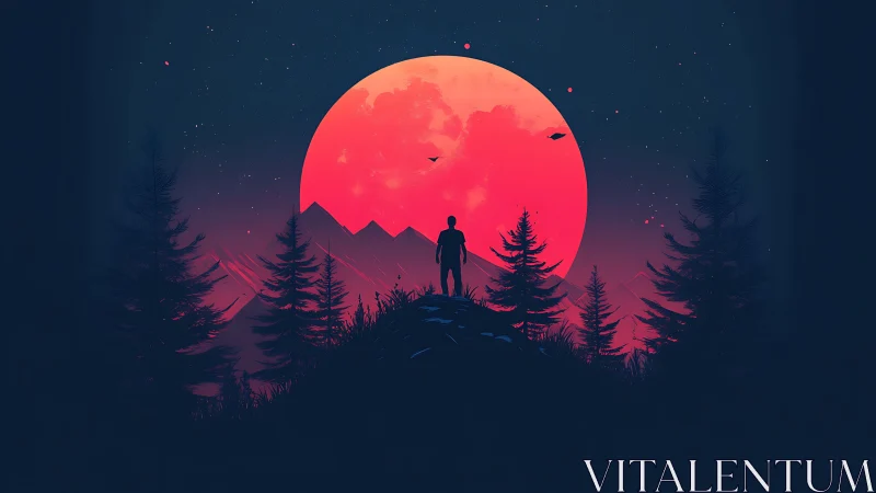 Silhouetted wanderer framed by crimson lunar horizon glow.