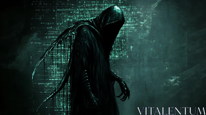 Cyberpunk wraith construct against glitched data field backdrop.