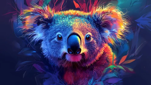 Vibrant digital koala portrait with multicolor lighting.