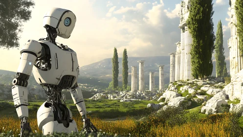 Humanoid exploration robot in sunlit overgrown classical ruins