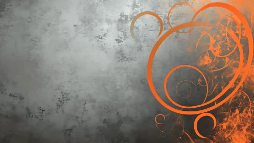Orange abstract swirls on textured gray concrete backdrop.