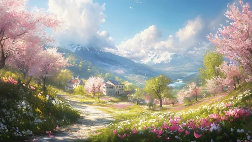 Spring valley village under flowering cherry hills. Period.