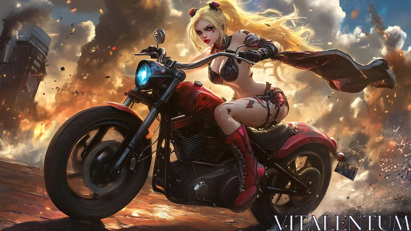 Armored biker heroine on red cruiser amid explosive firestorm