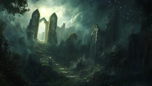 Moonlit ruins ascend through mist toward a spectral gate.