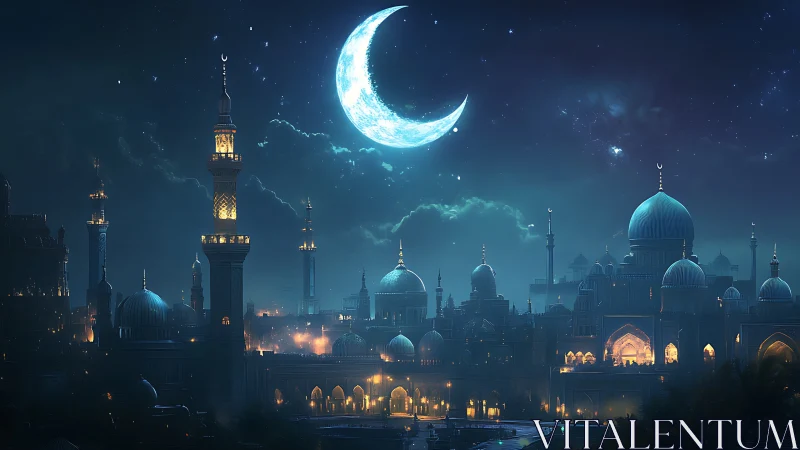 Moonlit minaret kingdom under a dream-bright crescent sky.