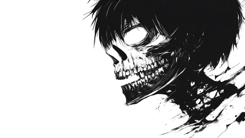 Haunting skeletal portrait dissolves into ink and shadow.