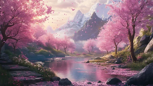 Digital cherry blossom valley under snowcapped peaks.