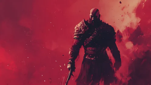 Armored warrior silhouette emerges from dense red atmospheric haze