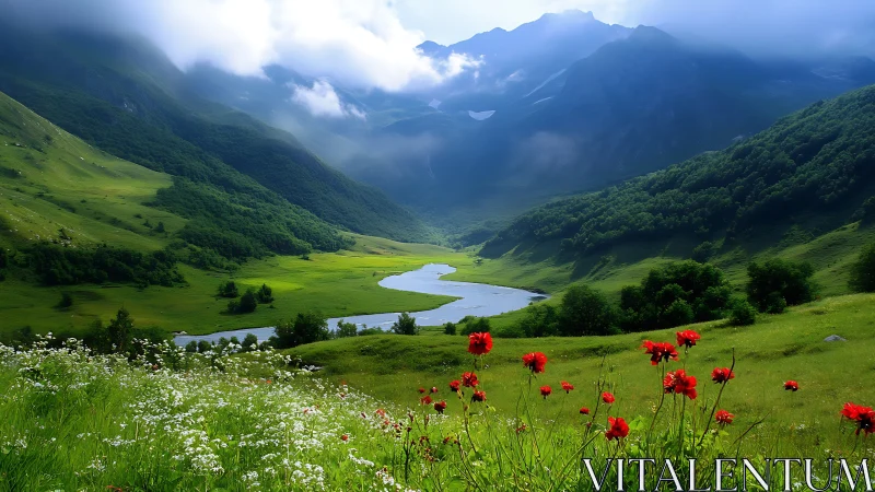 Sunlit alpine valley unfolds around a winding silver river