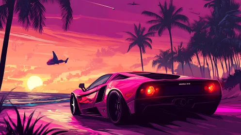 Sports car on tropical coast under stylized sunset sky.