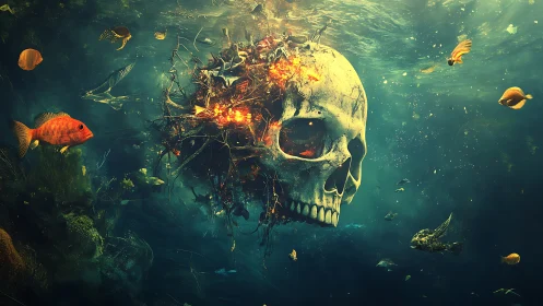 Skull floats underwater as fiery coral and fish surround it