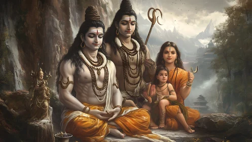 Mountain-silent divine family bathed in saffron serenity.