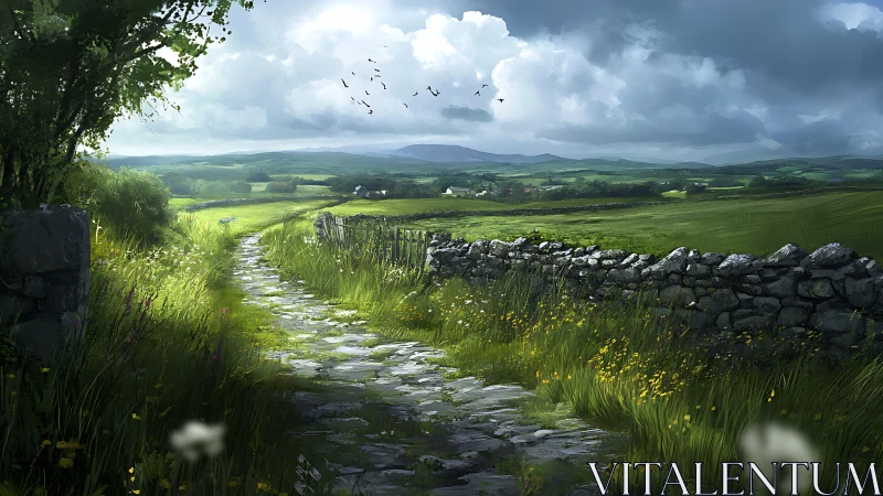 Sunlit stone path cutting through vibrant rural meadows.