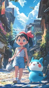 Girl and blue mascot stroll through sunlit anime street.