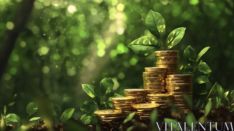 Golden coins nurture green seedlings in sunlit forest glow.