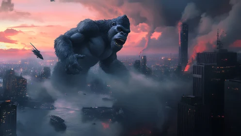 Giant gorilla figure occupies a dense urban skyline at dusk