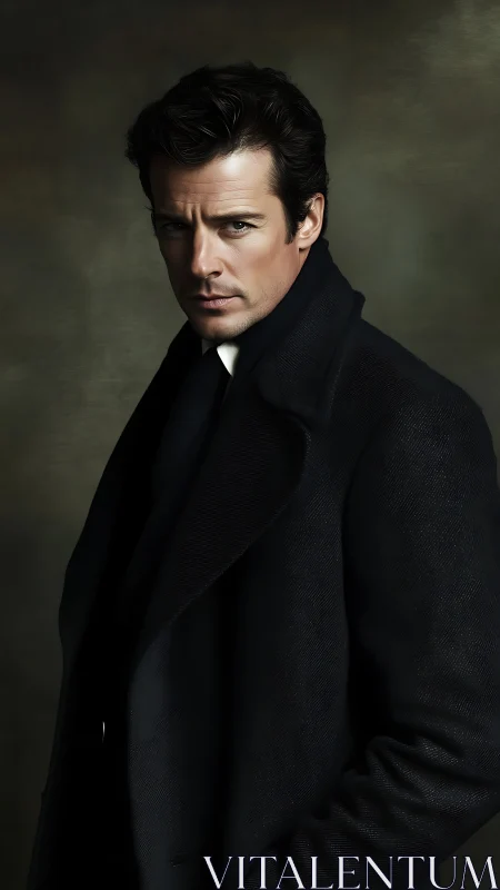 Brooding man in dark overcoat under soft studio lighting.