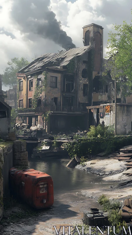 Post-collapse riverside tenement with structural fire damage.