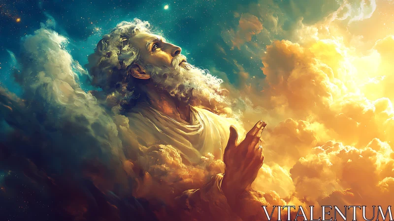 Elderly robed figure emerges from clouds under celestial light