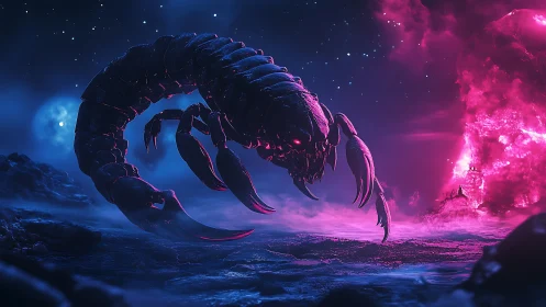 Alien scorpion prowls neon wasteland beneath electric stars