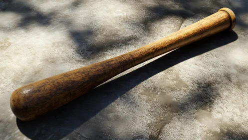Wooden bat on textured ground under directional daylight.