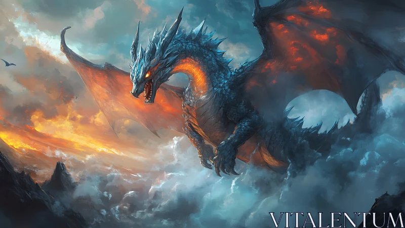 Volcanic sky dragon rendered with high-contrast atmospheric lighting