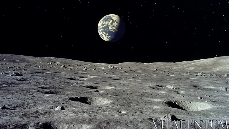 Lunar regolith foreground with Earthrise framed against starfield sky