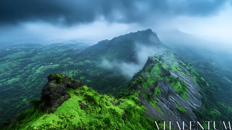 Stormy green mountain ridge under low clouds and mist.
