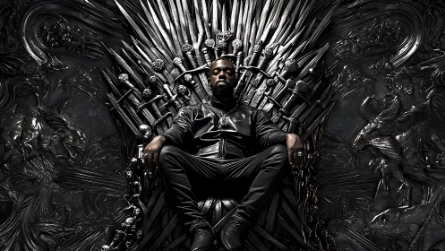 Seated figure on dark sword throne in ornate metallic setting.