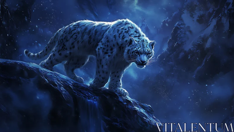 Snow Leopard on Mountain Outcrop in Nocturnal Alpine Setting
