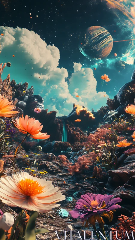 Alien wildflower valley under luminous ringed planet sky