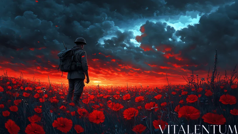 Solitary soldier walks through blazing poppy battlefield twilight.