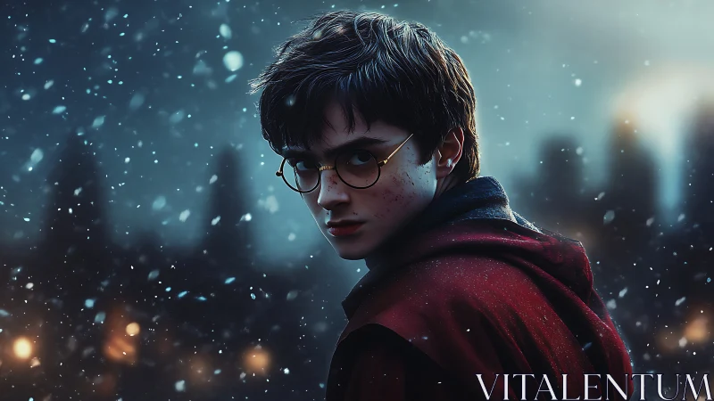 Young wizard portrait in snowy dusk atmosphere.