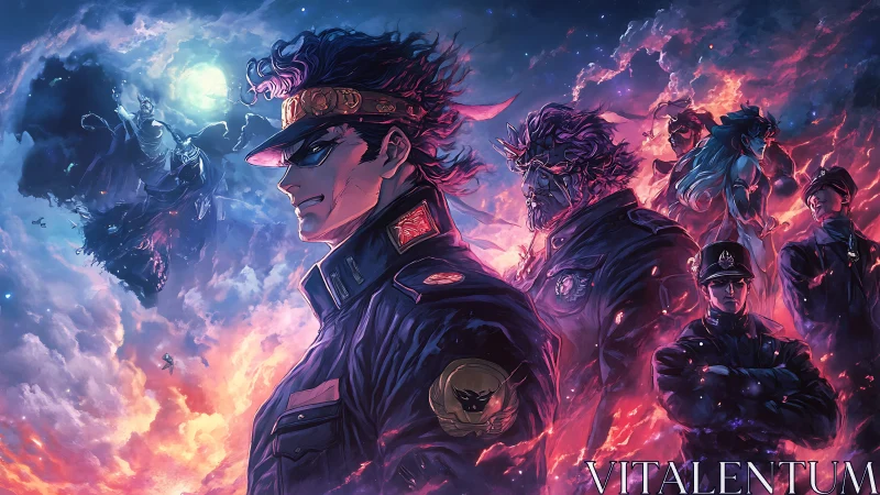 Nebula-clad anime officers stride through cosmic embers.