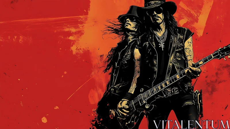 Rock guitarists dominate grungy red stage backdrop