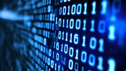 Cyberpunk binary data stream in deep blue perspective field.