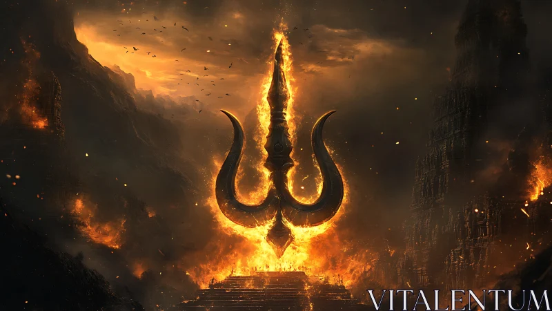 Flaming trident symbol hovering above burning stone temple