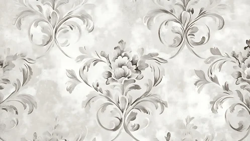 Floral damask wallpaper pattern in soft grayscale tones.