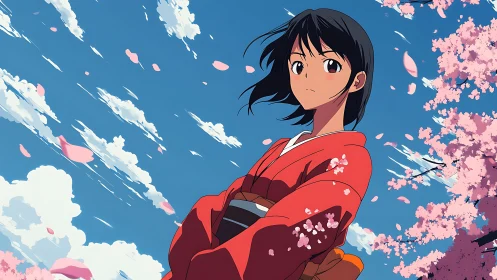 Girl in red kimono stands under cherry blossoms in wind