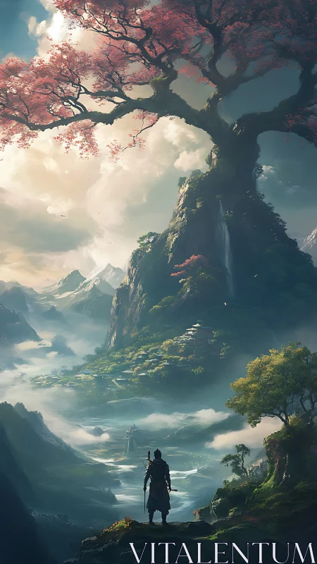 Wanderer Before the Blossom Colossus of Mistbound Valleys.