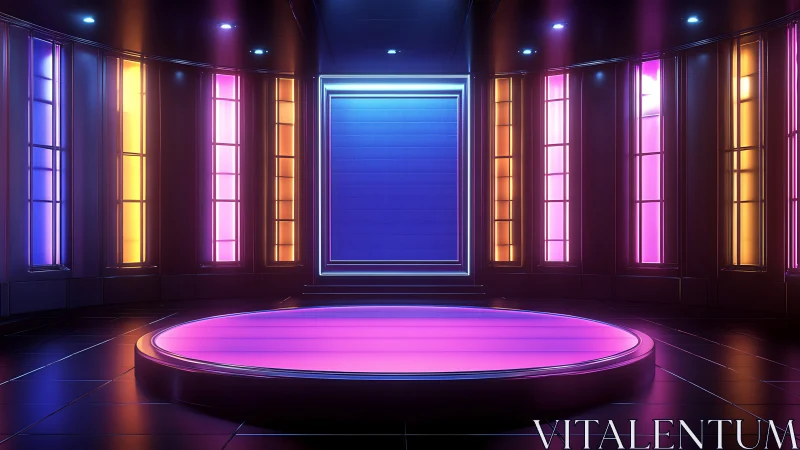 Neon studio stage glows with vibrant gradient panels.
