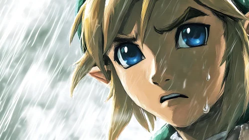 Close-up of blue-eyed elf-like character in rainstorm scene.