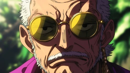 Wise anime mentor with golden glasses and quiet strength.