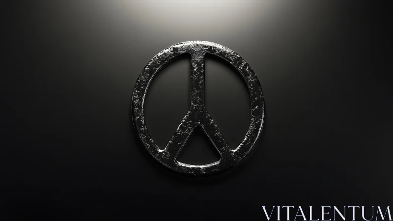 Metallic peace symbol on dark gradient illuminated background.