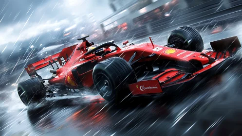 Red Formula racing car on wet track under rainfall conditions.