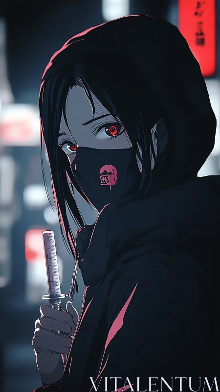 Hooded urban shinobi with tanto blade in neon backstreet.