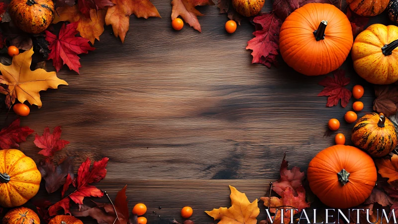 Autumn pumpkins and leaves arranged around wood surface.