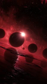 Crimson exoplanet horizon with silhouetted orbital spheres.